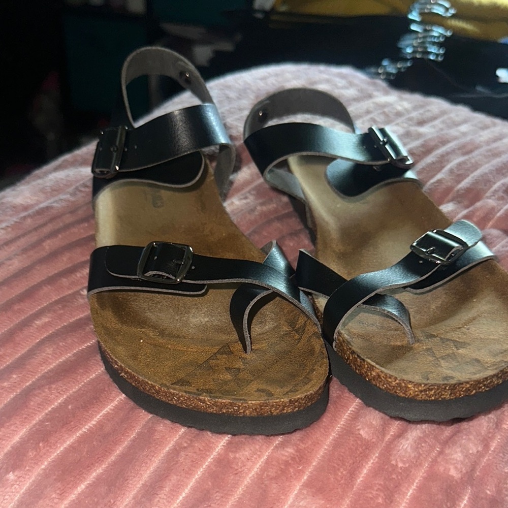 Black and Brown Sandals with Cork Footbed and Buckle Closures